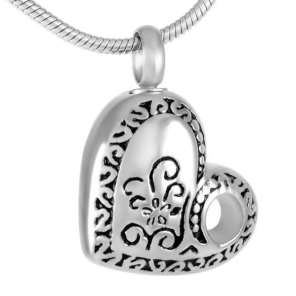 

new z294 carved flower heart stainless steel cremation locket necklace ashes holder memorial urn jewelry keepsake pendant women, Silver