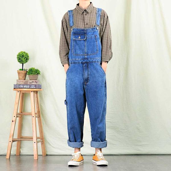 

men's jeans men straight denim overalls trousers tide brand loose suspenders, Blue