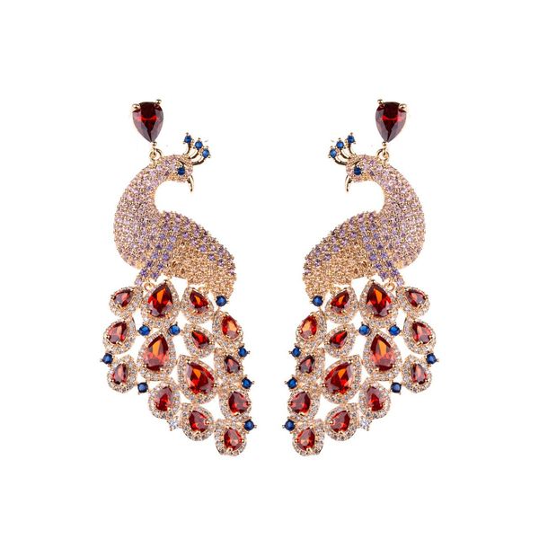 

European and American heavy industry S925 silver needle micro inlaid with zircon three color smart peacock earrings with all kinds of temper