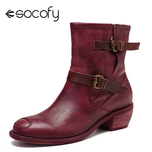 

socofy strap splicing boots super comfy buckle stitching slip on genuine leather cool girl boots retro shoes women 2019, Black
