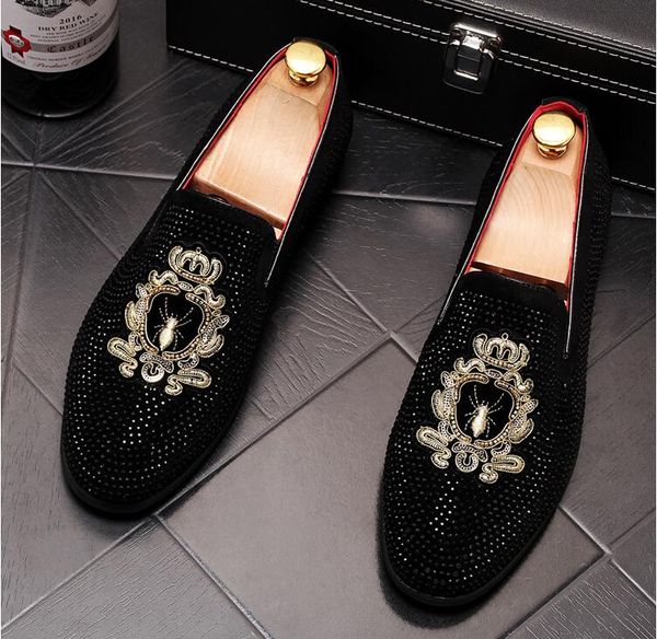 

fashion trend men loafers casual shoes rhinestone men's formal leather shoes embroidery driving zapatillas hombre, Black
