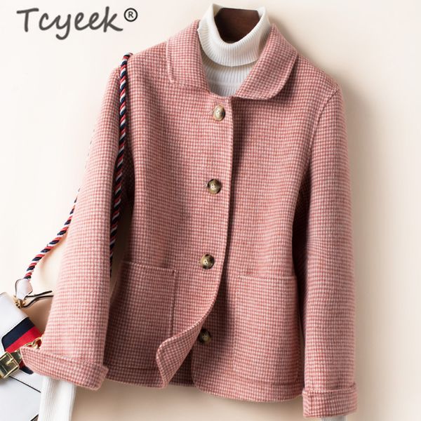 

tcyeek elegant 100% wool coat female korean woolen jackets women clothes 2019 slim plaid coat spring autumn overcoat 1907777w751, Black