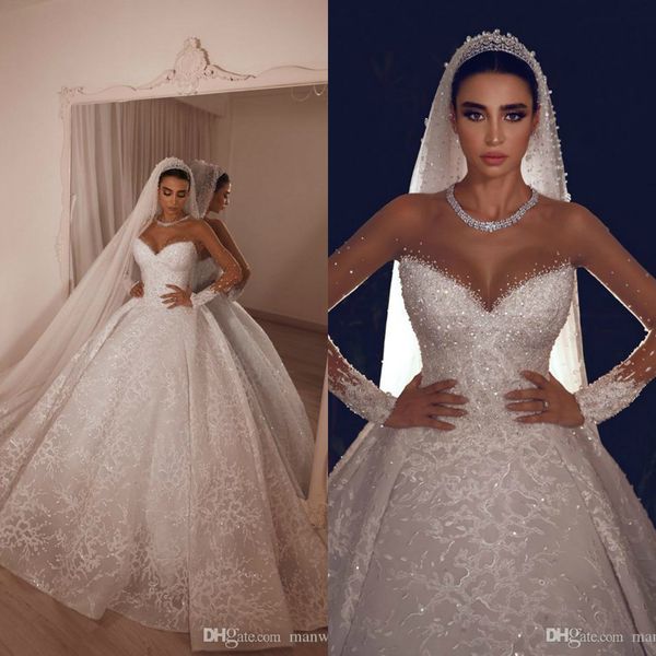 

luxury 2020 princess lace ball gowns wedding dresses beaded long sleeve sheer neck bridal gowns court train lace appliqued robe mariage, White