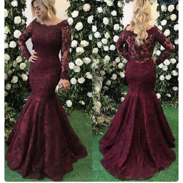 

2019 elegant wine red lace mermaid prom dresses long sleeves floor length formal dresses evening gowns, Black