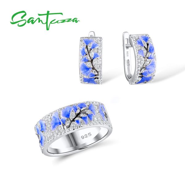 

santuzza silver jewelry set for woman blue flower ring earrings 925 sterling silver party fashion jewelry set handmade enamel