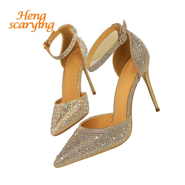 

2019 women 10cm high heels size 40 sandals wedding scarpins glitter heels fetish stiletto crystal gold bright pumps shoes, Black