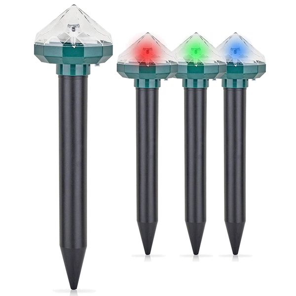 

solar powered ultrasonic mole pest repeller, outdoor waterproof garden repellent spikes with multi-changing led lights,4 pack other garden s