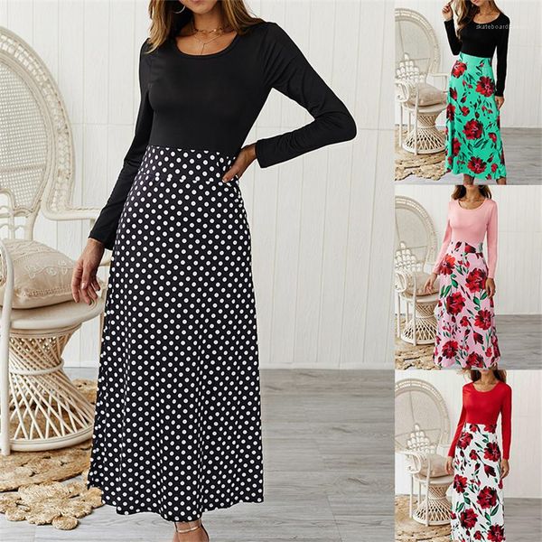 

dress 20ss floral printed womens dress long sleeve patchwork color dot ladies dresses casual slim designer female, Black;gray