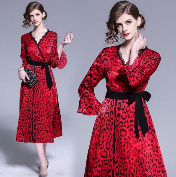 

new autumn temperament v-neck flared leopard print fashion dress, Black;gray