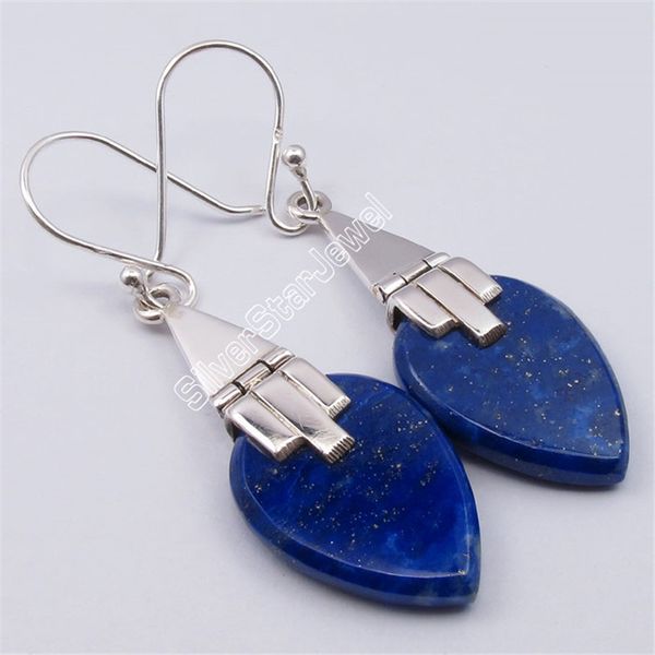 

solid silver lapis lazuli flat drop antique style ballwire earrings 4.6cm variation