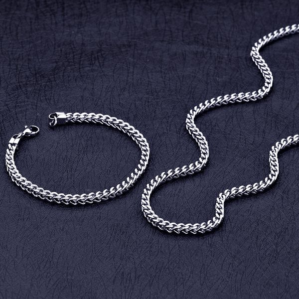 

fashion jewelry set 4mm stainless steel titanium steel front and back chain necklace & bracelet for men drop ship, Silver
