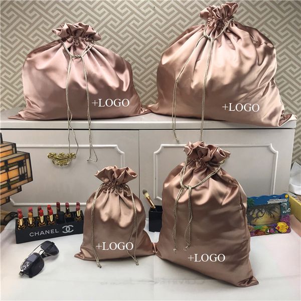 

20pcs champagne silk satin drawstring bag custom print packaging bags 20x25/30x40/40x50cm shoe cloth gift box dust bag