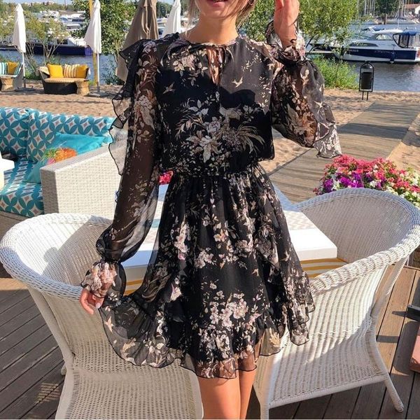 

casual dresses women's fashion spring summer dress flower print ruffled hem long sleeve party vestidos mujer verano 2021 @45, Black;gray