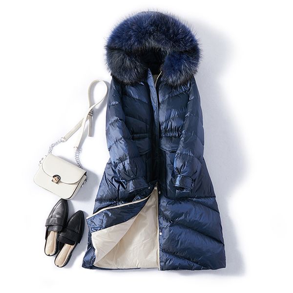 

real natural fur collar 2019 new winter women warm long down coat winter hooded white duck down parka female jacket outwear, Black