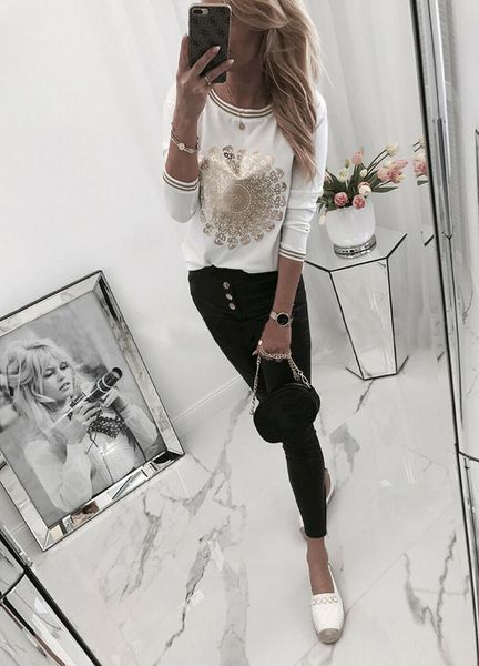 

newly womens loose round neck printed casual long sleeve printed shirt spring shirts ladies blouse, White