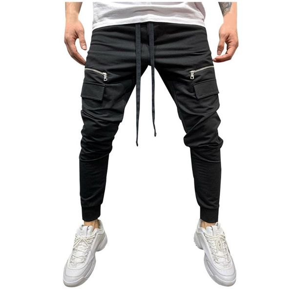 

men cotton pant men zipper pure color overalls casual pocket sport work casual trouser pants men's brand pants, Black