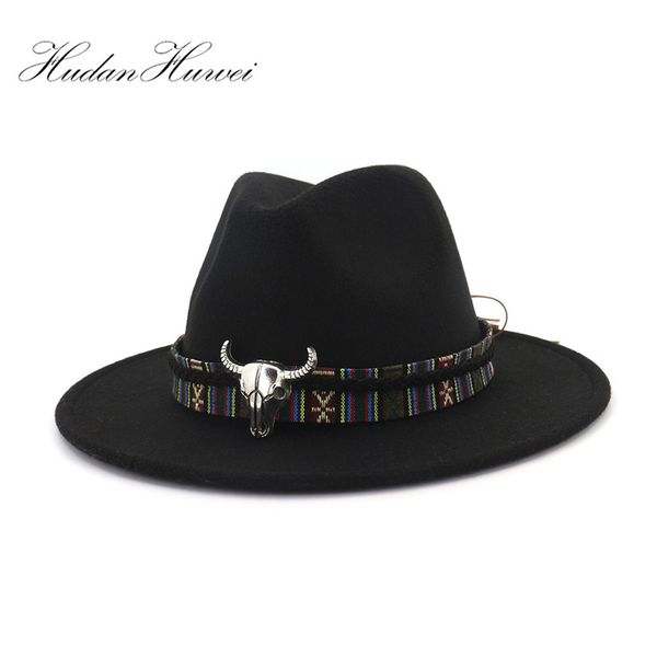 

cowboy style leopard leather decorated mens womens fedora hats wool felt hat trilby flat brim jazz cap panama formal hat ly191228, Blue;gray