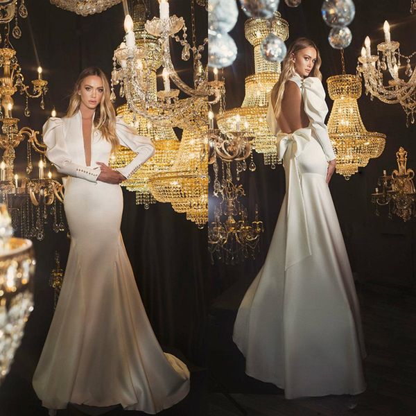 

oved cohen mermaid wedding dresses deep v neck sweep train satin long sleeve wedding dress backless vintage robes de mariÃ©e 4569, White