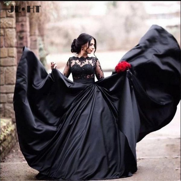 

elegant black evening dresses long with lace illusion long sleeves prom gown prom dress satin a-line evening gowns, White;black