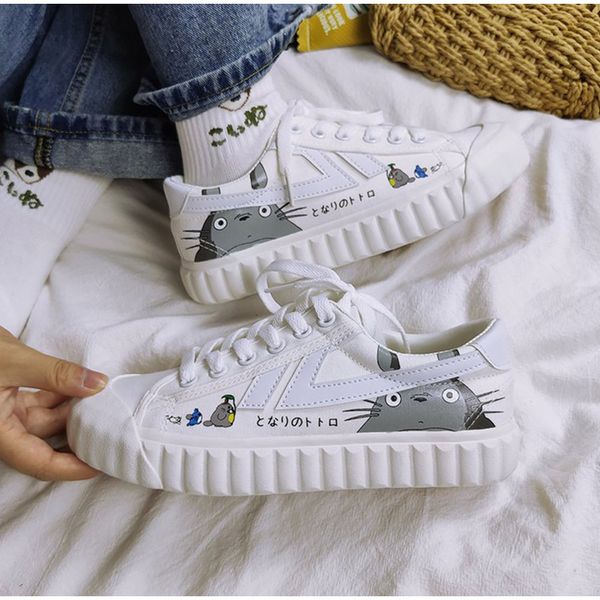 

women lace up sneakers woman shoes flat cute cartoon vulcanized ladies canvas platform shoes female casual comfortable footwear, Black