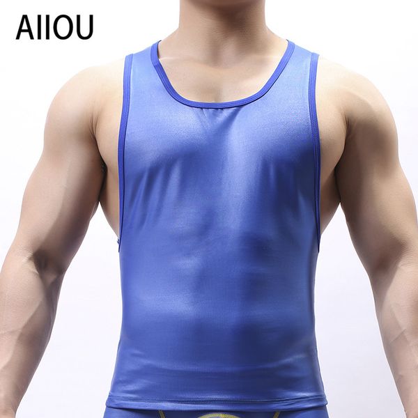 

aiiou men tights transparent vest undershirt wrestling singlet gay imitation leather wear polyester smooth sleeveless undershirt, Black;brown