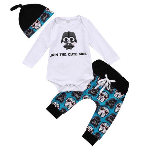 

3pcs toddler newborn baby boys long sleeve romper pants outfit set clothes hat, White