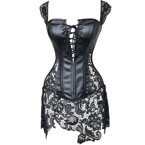 

women black pvc lace corset fetish dress push bra shape body ladies elegant dominatrix nightclub patent leather corset, Black;white
