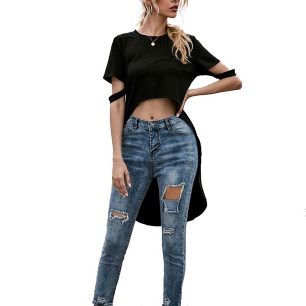 

2020 fashion short sleeve cotton o neck long t shirt jumper women black slim summer clothes ladies casual streetwear, White