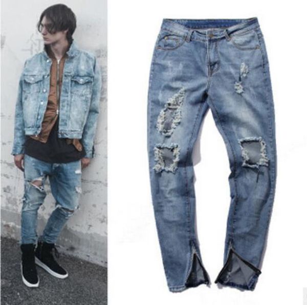 

mens jeans pants casual skinny hip hop broken hole joggers pants street style blue asian size free shipping