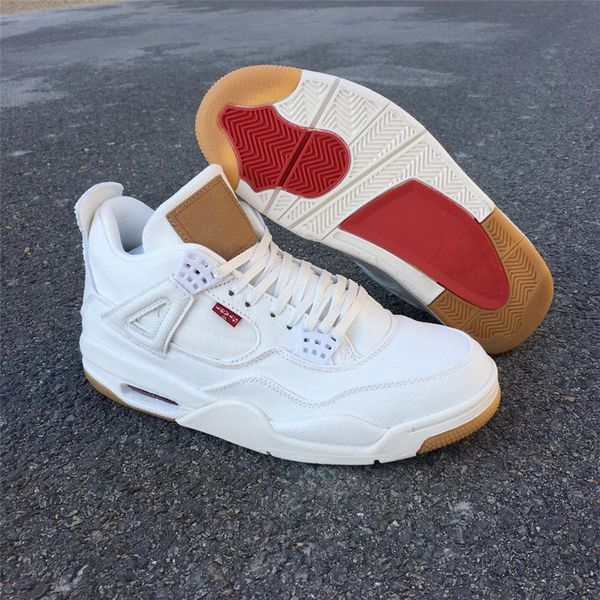 

4 4s denim basketball shoes mens iv nrg white jeans trainers sneakers sports chaussures with shoebox, White;red