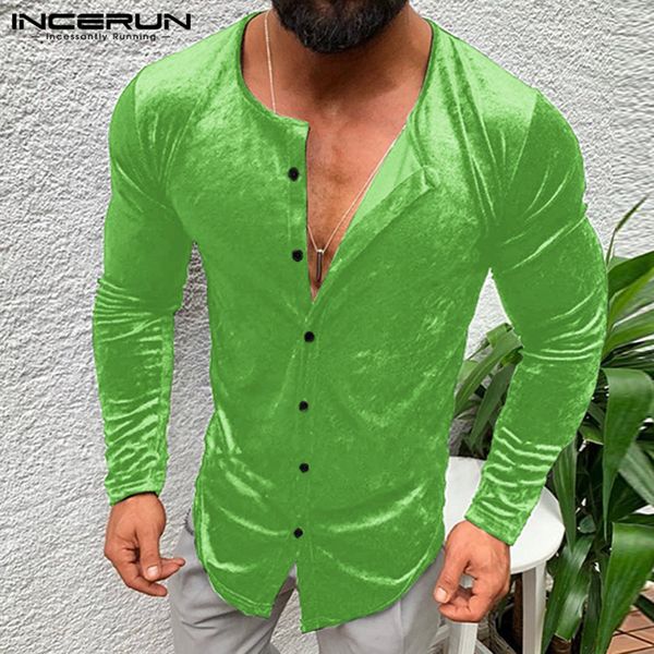 

incerun fashion men shirt plain long sleeve velvets button fitness blouse streetwear casual business shirts men plus size 2019, White;black