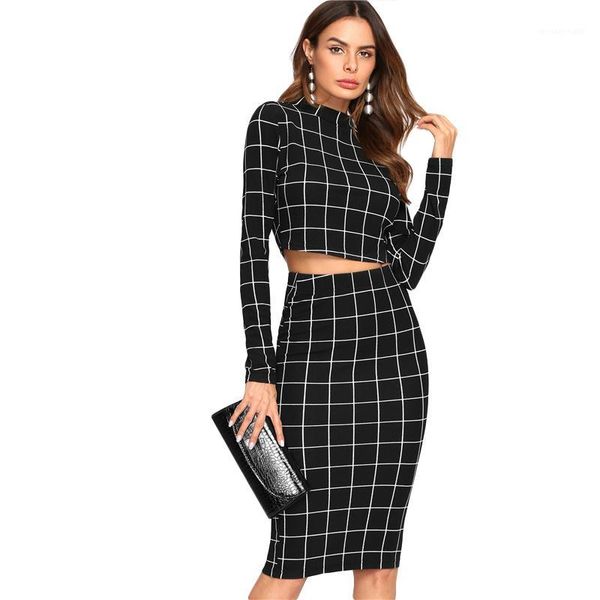 

piece set women crop grid and pencil skirt ladies elegant office 2 piece set women stand collar long sleeve 2, White