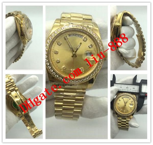 

fashion men wristwatch day*date 40mm 18k gold diamond dial bezel steel bracelet asia 2813 automatic luxury wristwatch ing, Slivery;brown