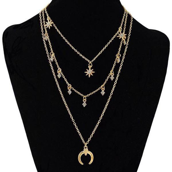 

fashion necklaces 3 layer star moon rhinestone choker necklace gold silver color boho chain chokers jewelry for women party gift