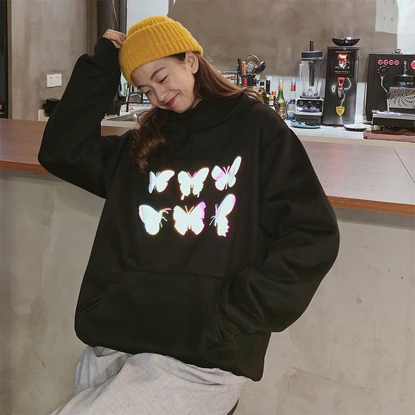 

fashion reflective new women oversized casual hoodie anime butterfly illuminated drop shoulder sweatshirt big pocket titan, Black