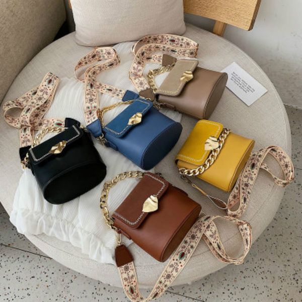

fashion flower wide strap women's shoulder bags compact lock chain handbags pu leather bucket bag lady messenger crossbody bags