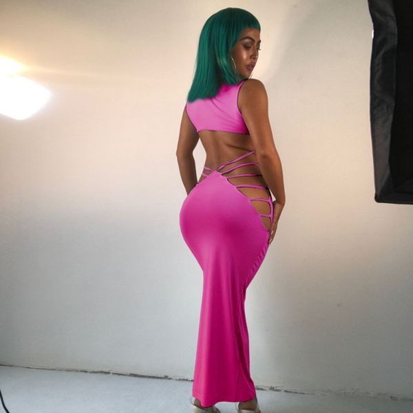 

оптовая дешевые 2019 лето женщин платье vintage неоновый backless tight sexy ночной клуб платье партии выдалбливают kawaii длинные платья ма, Black;pink