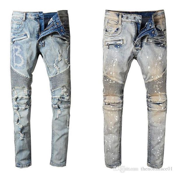 

balmain jeans new fashion mens designer brand black jeans skinny ripped destroyed stretch slim fit hop hop pants with holes for men, Blue