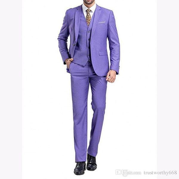 Personalizar um botão roxo Groomsmen Notch lapela do noivo smoking 3 peça Homens ternos de casamento / Prom melhor homem Blazer (jaqueta + calça + Vest + laço)