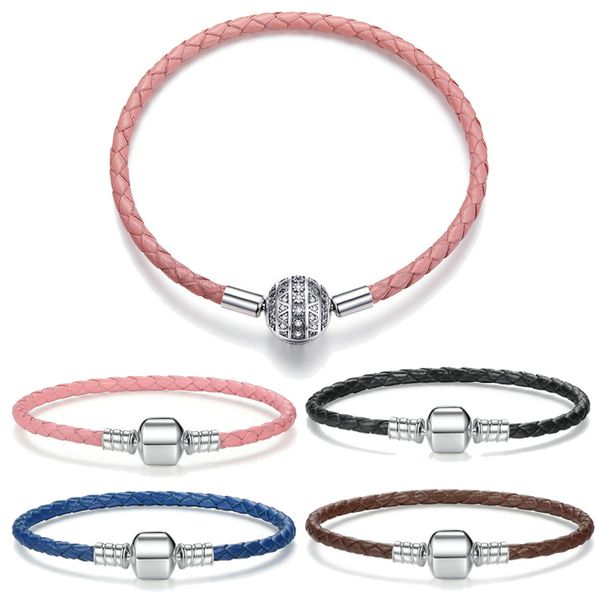 

genuine long double pink black braided leather chain women bracelets with 925 sterling silver snake clasp, Golden;silver