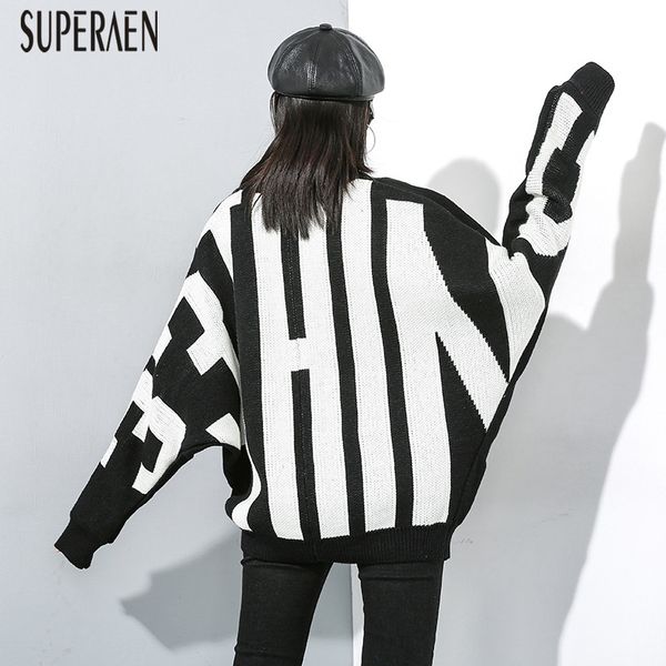 

superaen 2019 winter new letter pullover sweater women wild pluz size bat sleeve ladies sweaters round collar women clothing, White;black