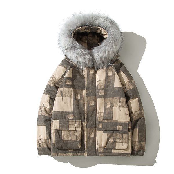

winter jacket coat men 2019 new warm thick printed letter fur collar hooded parkas men windbreaker hip hop jacket streetwear, Black