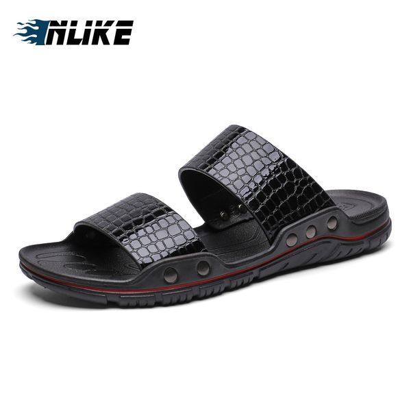

men casual slippers slides indoor outside man summer shoes leather slides, Black