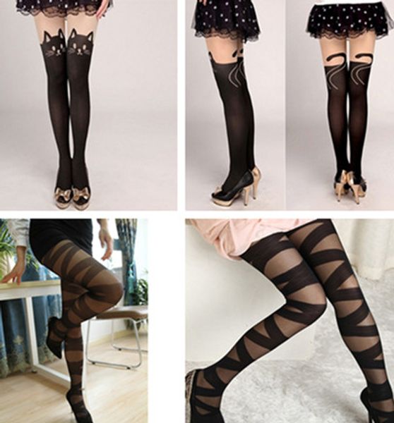 

cartoon tights pantyhose women stockings cat pattern print cross strap spring autumn medias pantis woman collant femme, Black;white