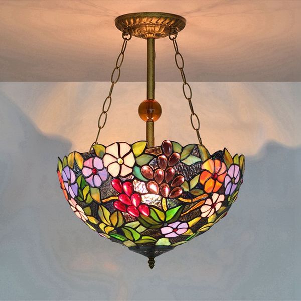 16 Inch Tiffany Pendant Lights Grapes Flowers Led Stained Glass Pendant Lamp Suspension Luminaire Color Glass Dinning Room Hang Lamp Drum Pendant