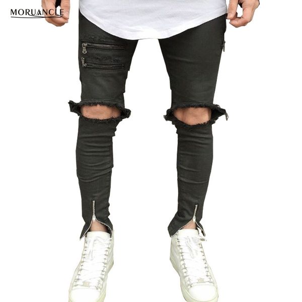 

hi-street mens ripped denim joggers ankle zipper distressed jeans pants male streetwear slim fit destroyed trousers, Blue
