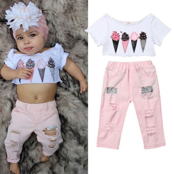 

2019 Toddler Kids Baby Girl Clothes Set Summer Short Sleeve Ice Cream Crop Tops Pink Denim Pants Outfits Costume Clothing 2PCS