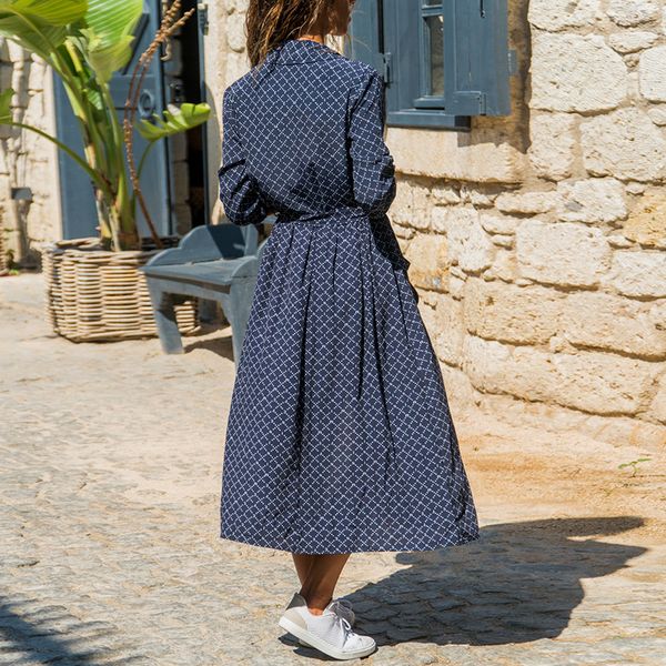 

women casual plaid print dress long sleeve pockets lady fashion dresses sashes mid calf length sundress turn down collar robe, Black;gray