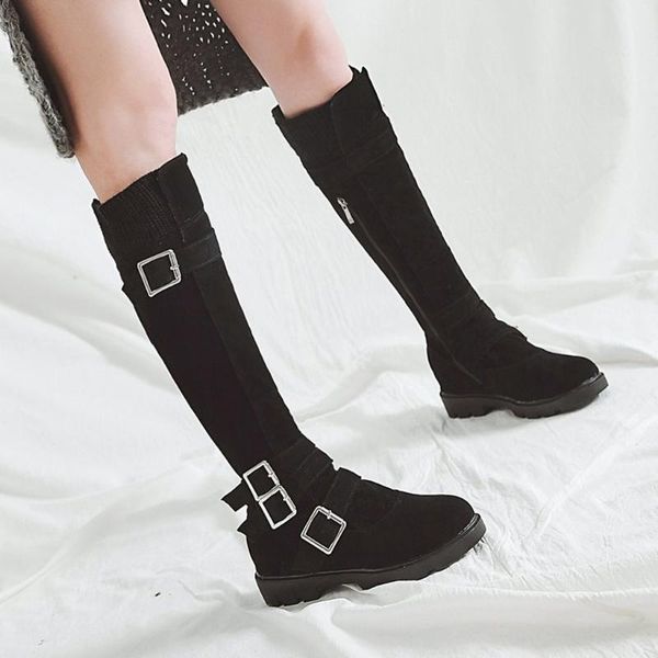 

women long tube winter bare boots solid square heel causal flock booties, Black