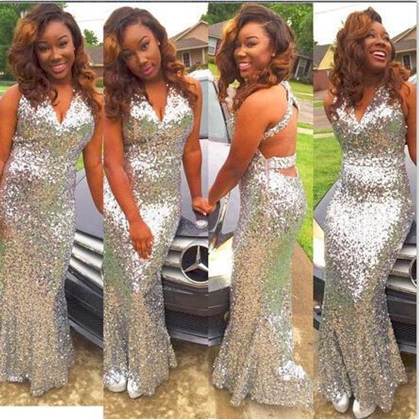 

african traditional selling mermaid silver sequins bridesmaid dresses v neck sleeveless floor length backless arabic party dresses, White;pink